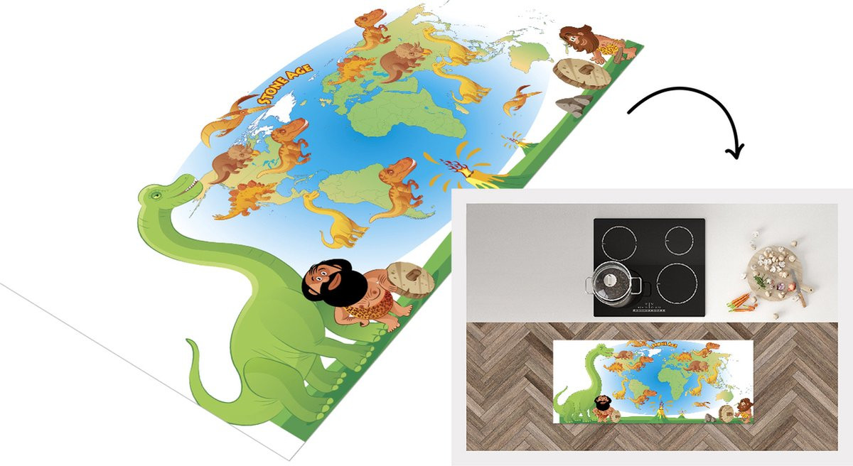 Keukenloper Vinyl met Wereldkaart, Dinosaurus en Vulkaan voor Kinderen - 120 x 50 cm
