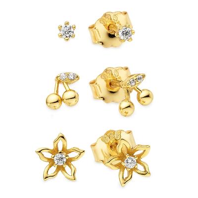 Ohrstecker-Set FIRETTI "Schmuck, Geschenk, Solitär-Optik, Kirschen-Optik, Blüten-Optik", gold (gelbgoldfarben, kristallweiß, kristallweiß), Ohrringe, Damen, Silber 925 (Sterlingsilber), mit Zirkonia (synth.)