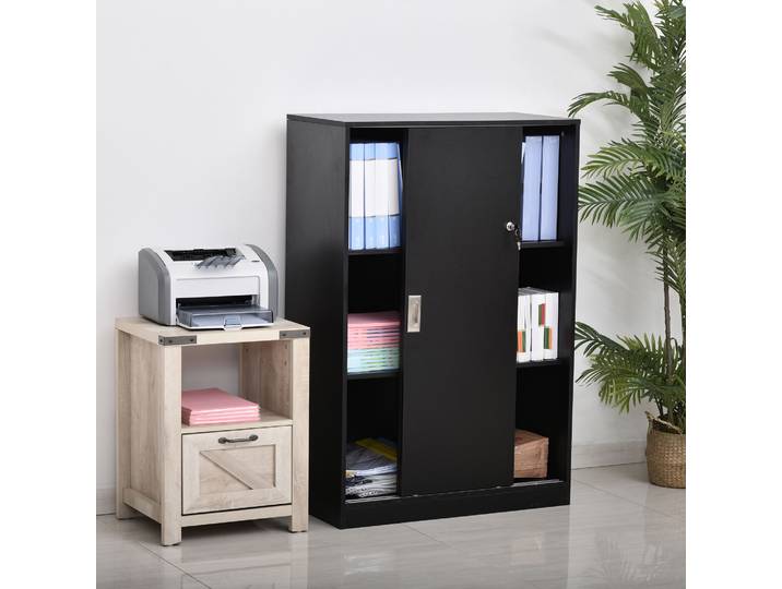 HOMCOM Armoire Bureau Noir 2 Portes Coulissantes Verrou