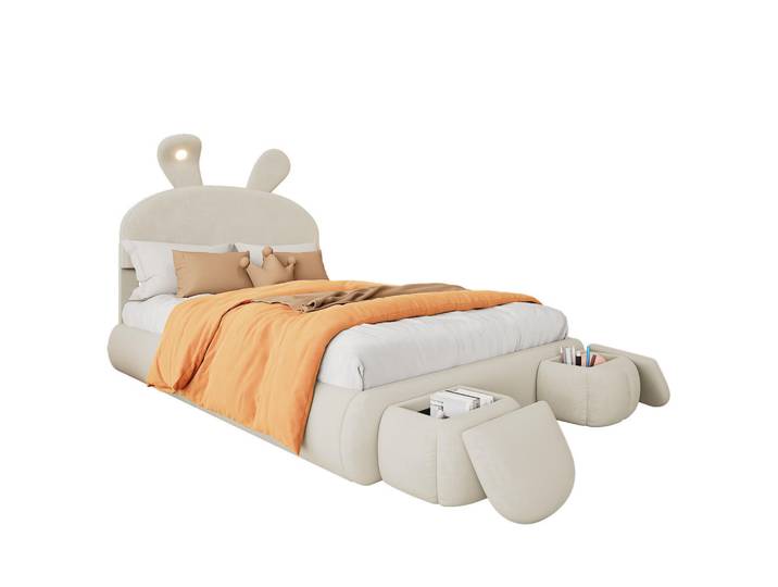 Komhtom Kinderbett 140x200cm mit zwei Aufbewahrungshockern, Samt, beige, Beige, Mode, 140x200 cm, Babymöbel & Kindermöbel, Kinderzimmer & Jugendzimmer, Kinderbetten
