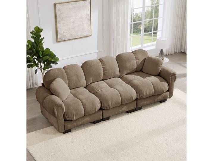 Canapé modulaire 3 places assise profonde avec 2 coussins - ELVMI - dossier courbé chenille marron
