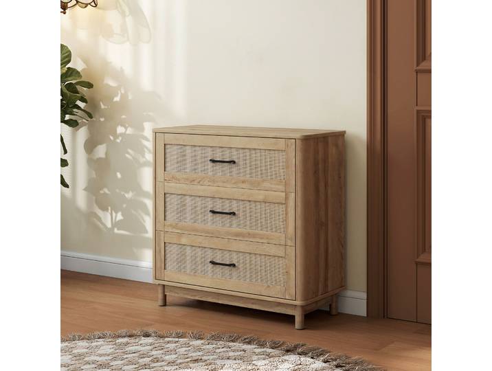HOMCOM Commode 3 Tiroirs Rotin Chêne Bohème 76x35x76cm