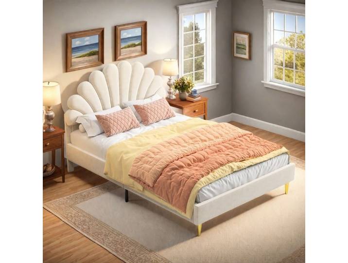 Lit double 140 x 200 Lit Rembourré Lit 140 x 200 cm Tête de lit en forme de pétale cadre de lit Beige velours