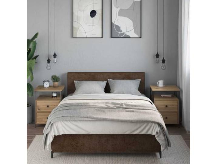 KTHLBRH Nachttische 2 Stück Eiche Handwerk 44 x 45 x 60 cm Mehrschichtiges Holz, 2 Schubladen und Fach, stabile Tischplatte, Metallbeine
