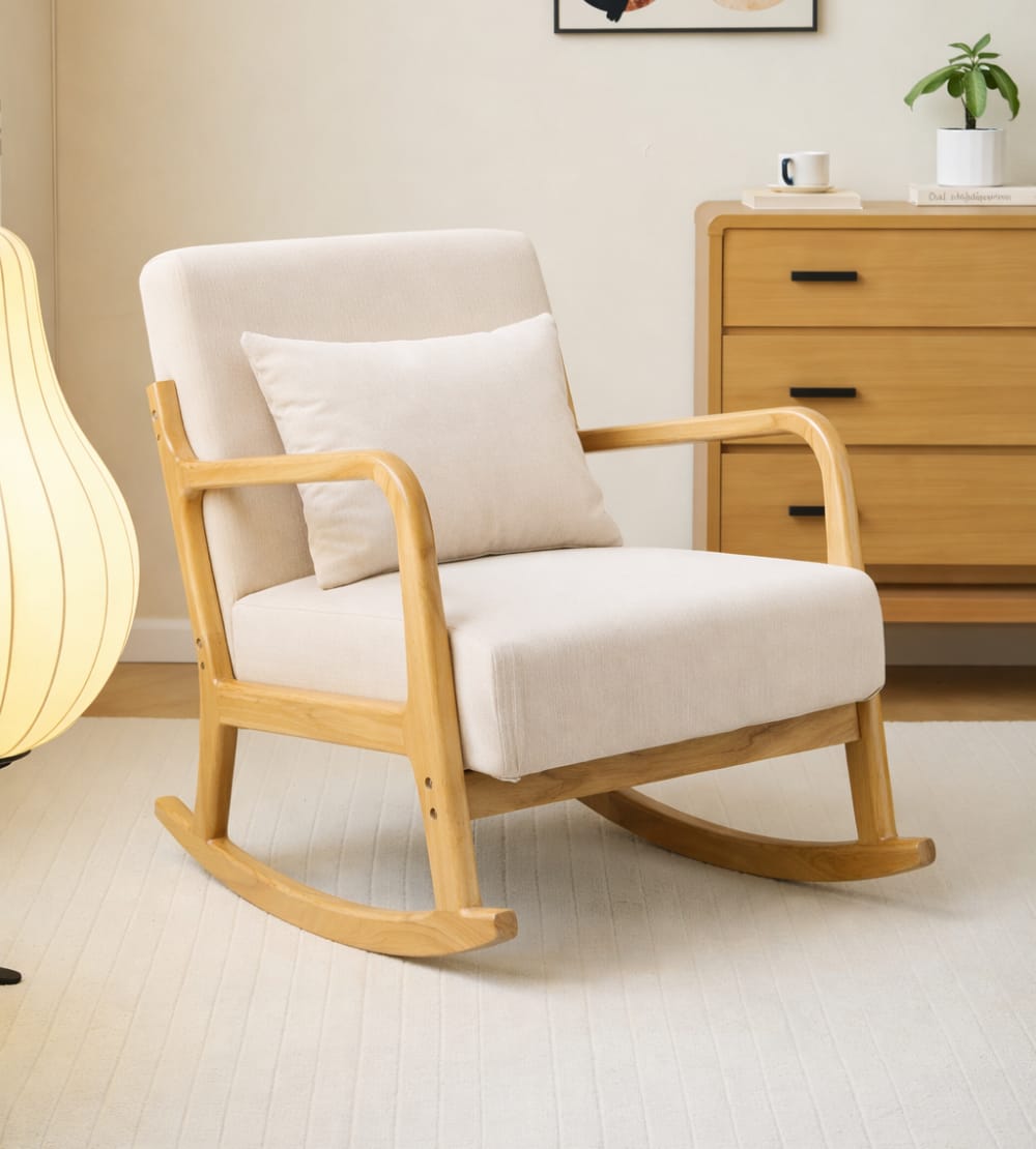 Nordlys Rocking chair en bois massif et tissu beige Beige 88x80x64cm