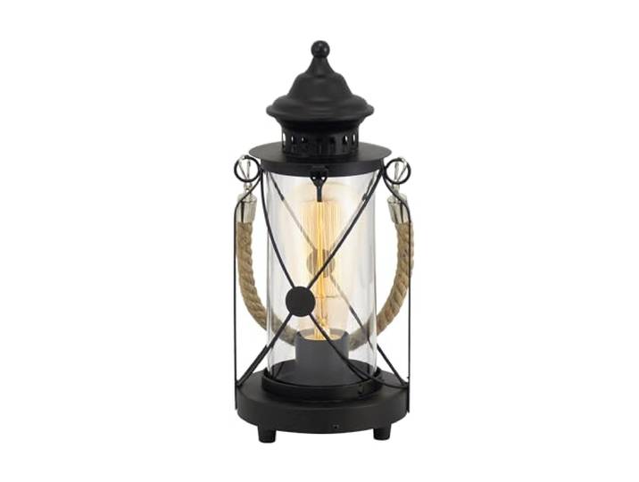 Eglo Lampe de table BRADFORD\, lampe à poser vintage à flamme\, lanterne lampe de chevet en acier et en tissu\, couleur : noir\, verre : clair\, douille : E27\, interrupteur inclus