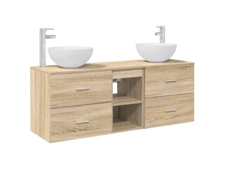 PUGYNBK Badmöbel-Set, 3-teilig, Sonoma-Eiche Wandmontage, 2 Waschbecken, Schrank mit Schubladen, Holz, einfache Reinigung