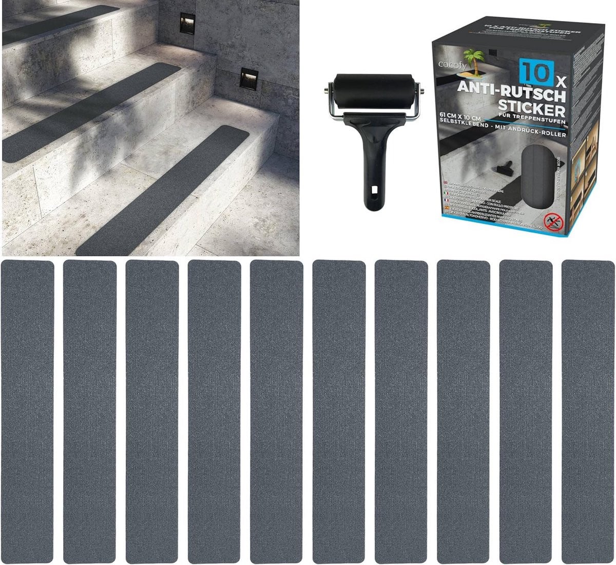 Antislip Stickers Trap Strips Grijs - 10 stuks - 61 x 10 cm