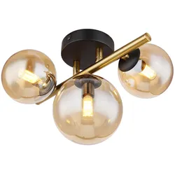 Deckenleuchte Wohnraum Deckenlampe Design schwarz messing Kugellampe Glas LED Wandleuchte Innen, Glaskugel amber, 3 flammig G9, 3x 3,5W 3x350 lm, 3000K, LxBxH 28x21x19 cm