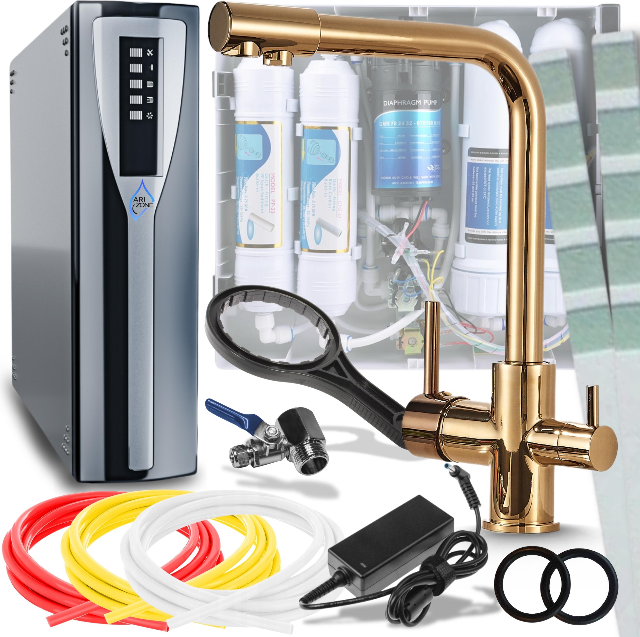 Ari Venom 1 3-Wege Küchenarmatur Gold Glänzend 360° mit RO Pad Umkehrosmose Wasserfilter Untertisch Nanofiltration