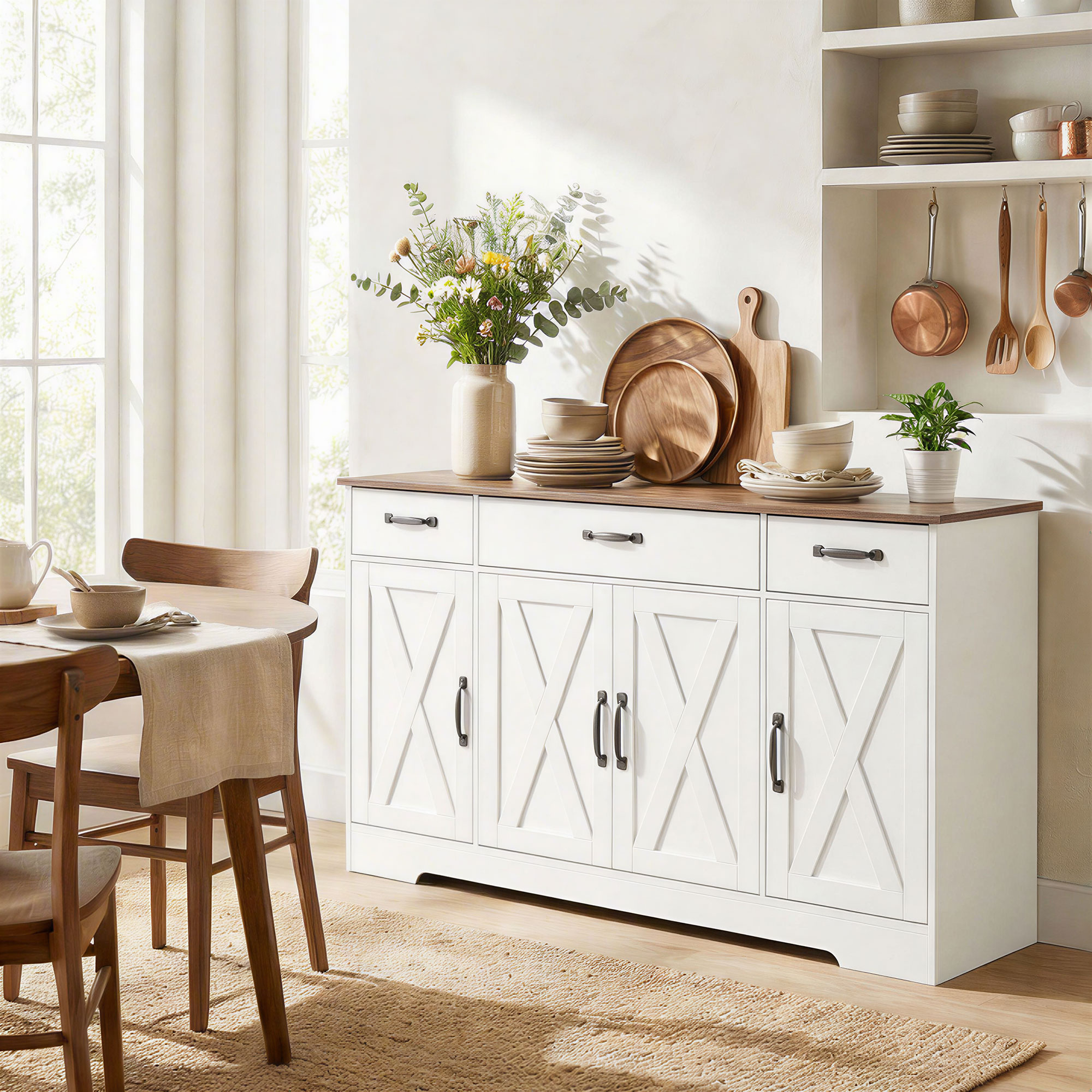 Homcom Credenza cucina country con 4 ante fienile, 3 cassetti e ripiani, Bianco   Aosom Italy