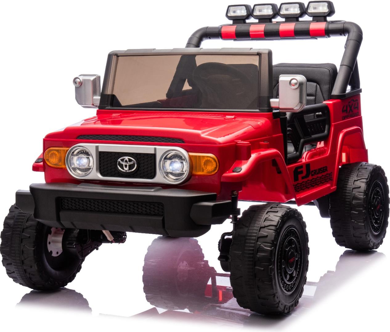 Elektrisches Kinderauto Toyota FJ Cruiser XXL mit 4x4 Antrieb, lizenziert (Zweisitzer), rot, Tragbare Lithiumbatterie, Hohes Fahrgestell, Zwei Sitze, Hinterradfederung, 2,4 GHz Fernbedienung, MP3-Player mit Bluetooth, LED-Lichter