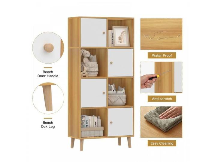 MENGDA-Bibliothèque Avec 8 Compartiments-4 Niveaux-Étagère de Bureau avec Portes-Meuble de Rangement-64.5x30x138cm-Bois