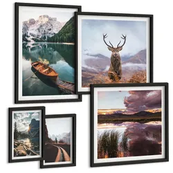 BILDER SET 5er Set - 50x50 cm & 20x30 cm & 40x60 cm Schwarzer Rahmen - Bergsee, Bootsfahrt, Sonnenuntergang, Hirsche