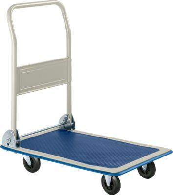 Plattformwagen AM80, klappbarer Schiebebügel, Antirutsch-Belag, Lenk- & Bockrollen, bis 80 kg, L 725 x B 465 x H 810 mm, grau-blau