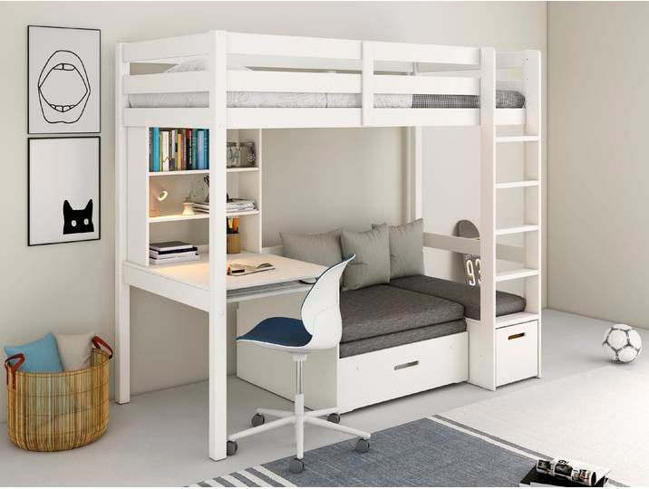 Etagenbett GOODPRODUCT HENNE' TOPSELLER Hochbett, Ideal für kleine Räume, 2 Schlafplätze , weiss (weiß), B:207,6cm H:180cm, Etagenbetten, Etagenbett, mit Polsterauflagen, Schreibtisch, Stauraum, seitenverkehrt montierbar
