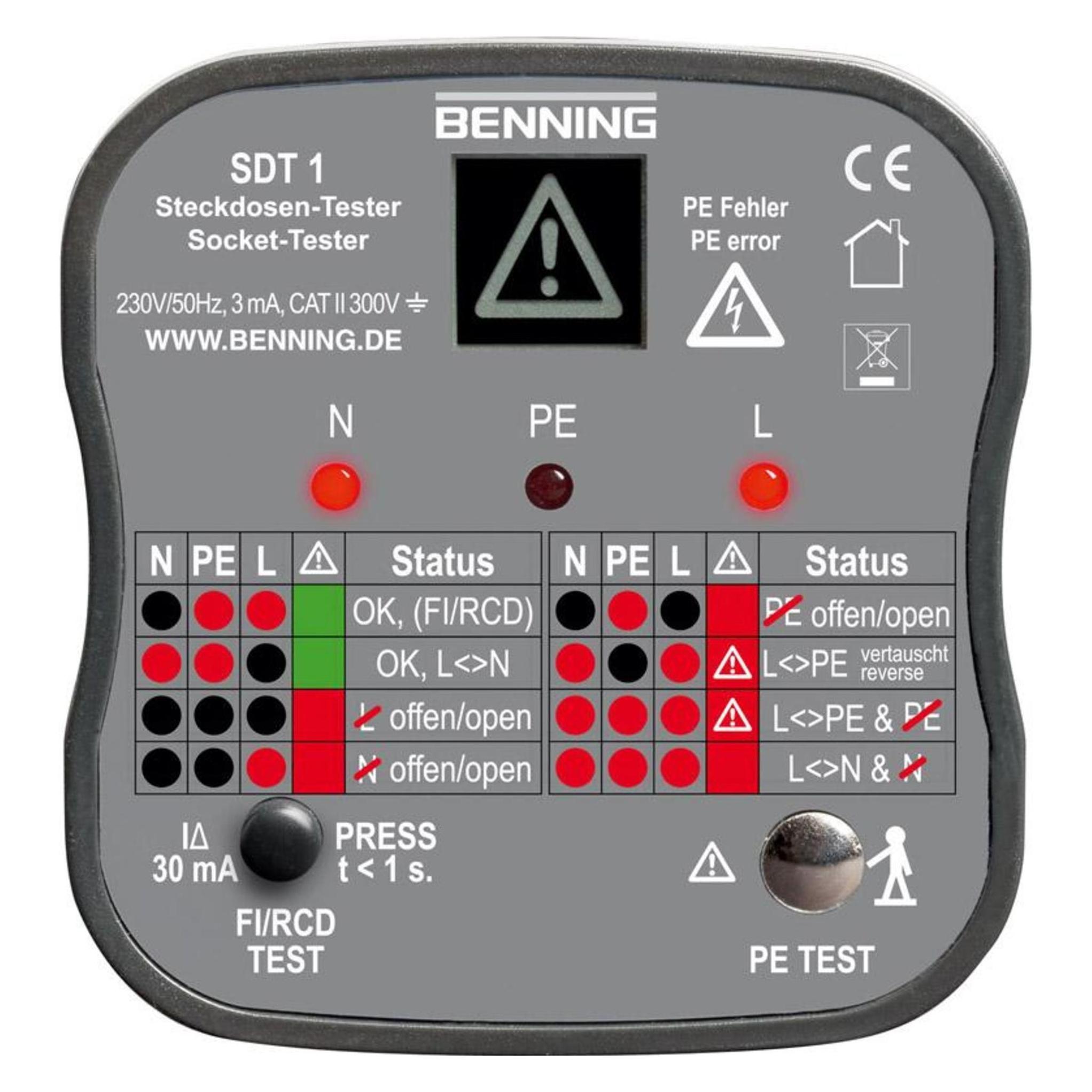 Benning Steckdosentester (CAT II, CAT III 300V, Prüfstecker) (020053)