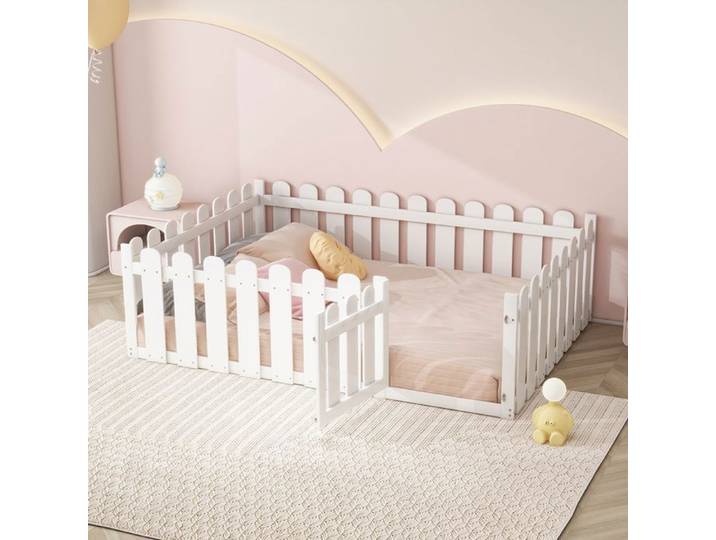 Lit enfant 140 x 200 cm cadre en bois avec bordure et porte Blanc
