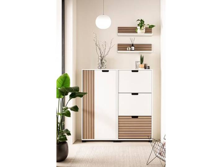Schildmeyer Flurmöbel-Set Ryker 702065, Schuhschrank, Highboard, Regal, Mattweiß/Akustikpaneel Optik