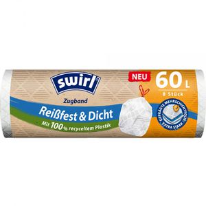 Swirl Müllbeutel Reißfest & Dicht, 60 Liter, mit Zugband, weiß, 8 Stück