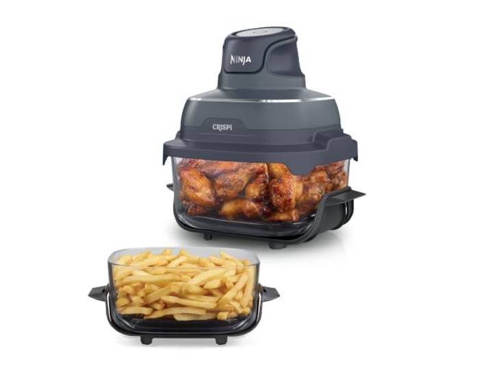 Ninja CRISPi Airfryer, 3,8 L & 2,3 L, 4-in-1: Heißluftfrittieren, Braten, Warmhalten, Aufknuspern, kompaktes Design, 2 abnehmbare Glasbehälter & Deckel, 1.700 W, Cyberspace FN201EUBL1