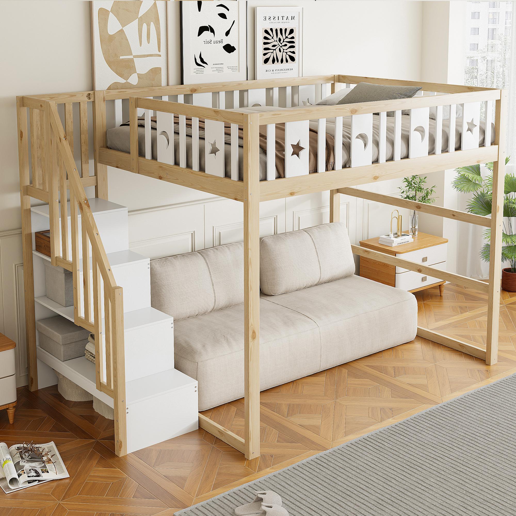 Flieks Etagenbett 140x200cm mit Treppe, Kinderbett mit Rausfallschutz und Lattenrost, Hochbett Doppelbett Stockbett Klassisches Kinderbett, Holzfarbe