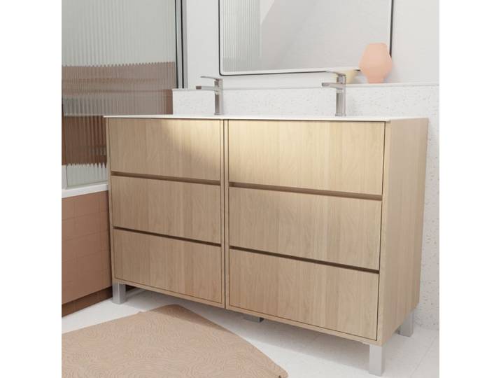 Pack Meuble Salle de Bains 120 cm Chêne Clair 6 tiroirs avec Vasque Céramique - XENOS