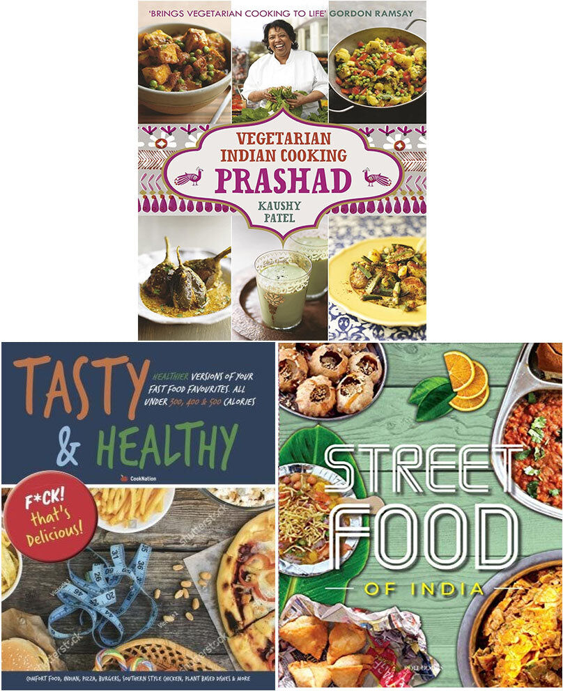 Various Publishers Vegetarian Indian Cooking, Street Food & Tasty & Healthy 3 Book Cookery Set - Hardback - Indian & Healthy Recipes for Home Cooks