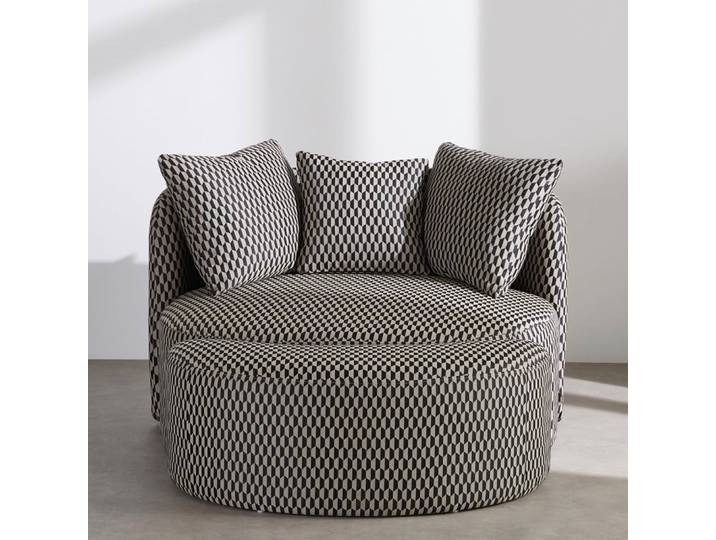 Rundes Sofa mit passendem Hocker, 1/2-Sitzer, aus gewebtem Polyestergewebe mit schwarz-weißem geometrischem Muster.