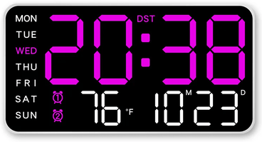 Uplift Essentials Large LED Digital Wall Clock With Remote Control And Dual Alarms white purple