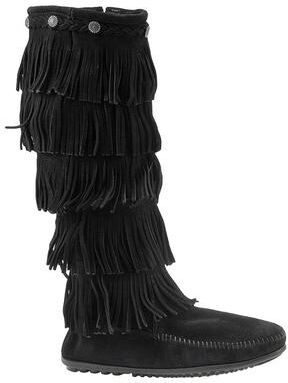 Minnetonka 5-Layer Fringe - Womens 6 Black Boot Medium