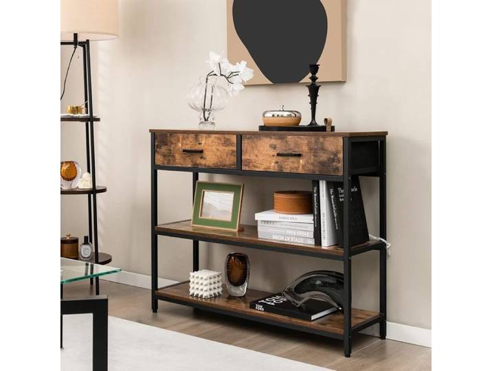 GIANTEX Console Meuble Entrée à 3 Étages avec 2 Tiroirs Pliables- Table Console Style Industriel- Cadre en Métal- 100x 30x 80 cm