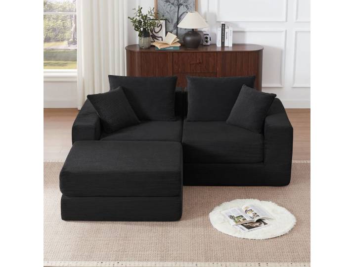 Canapé modulable 3 places – Noir – Cord – Mousse et ressorts – Base antidérapante