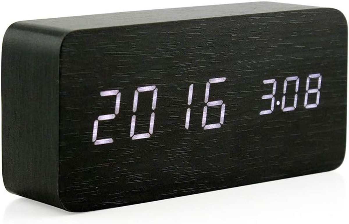 Multifunctionele houten digitale LED-wekker met stembediening, thermometer en USB-voeding - zwart