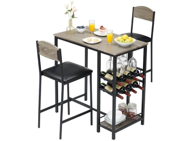 JoyGarden Ensemble table de bar + 2 chaises rembourrées - Table hauteur comptoir avec repose-pieds robuste - Montage facile - Gris