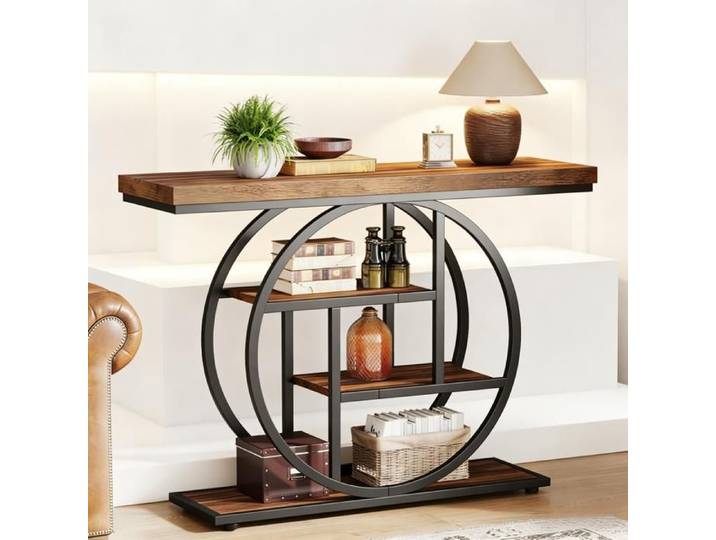 Table d'Entrée BELLEMAVE - Console Industrielle à 4 Niveaux Structure à Base Circulaire Noir+Marron Rustique