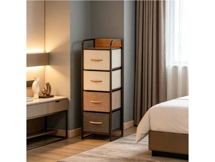 VUENOR Commode étroite 31x29x99 cm beige et marron – 4 tiroirs pliables en tissu pour chambre