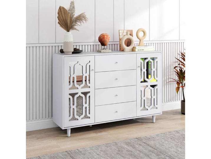 MIVRAY Buffet et Enfilade avec 2 Portes 4 Tiroirs et Étagères Réglables Façades Miroir en MDF 147 5×40×102 cm Blanc