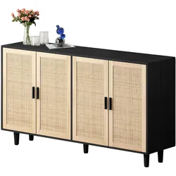 STILVORA Sideboard 158x40x88 cm Schwarz mit 4 Rattantüren, verstellbarem Einlegeboden, Massivholzbeinen, viel Stauraum, vielseitig nutzbar