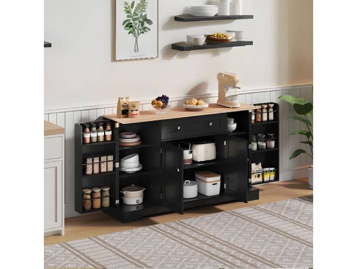Buffet de cuisine 138 cm avec tiroir portes et étagères réglables - TCQPZ - MDF Noir 138 × 40 × 85 cm