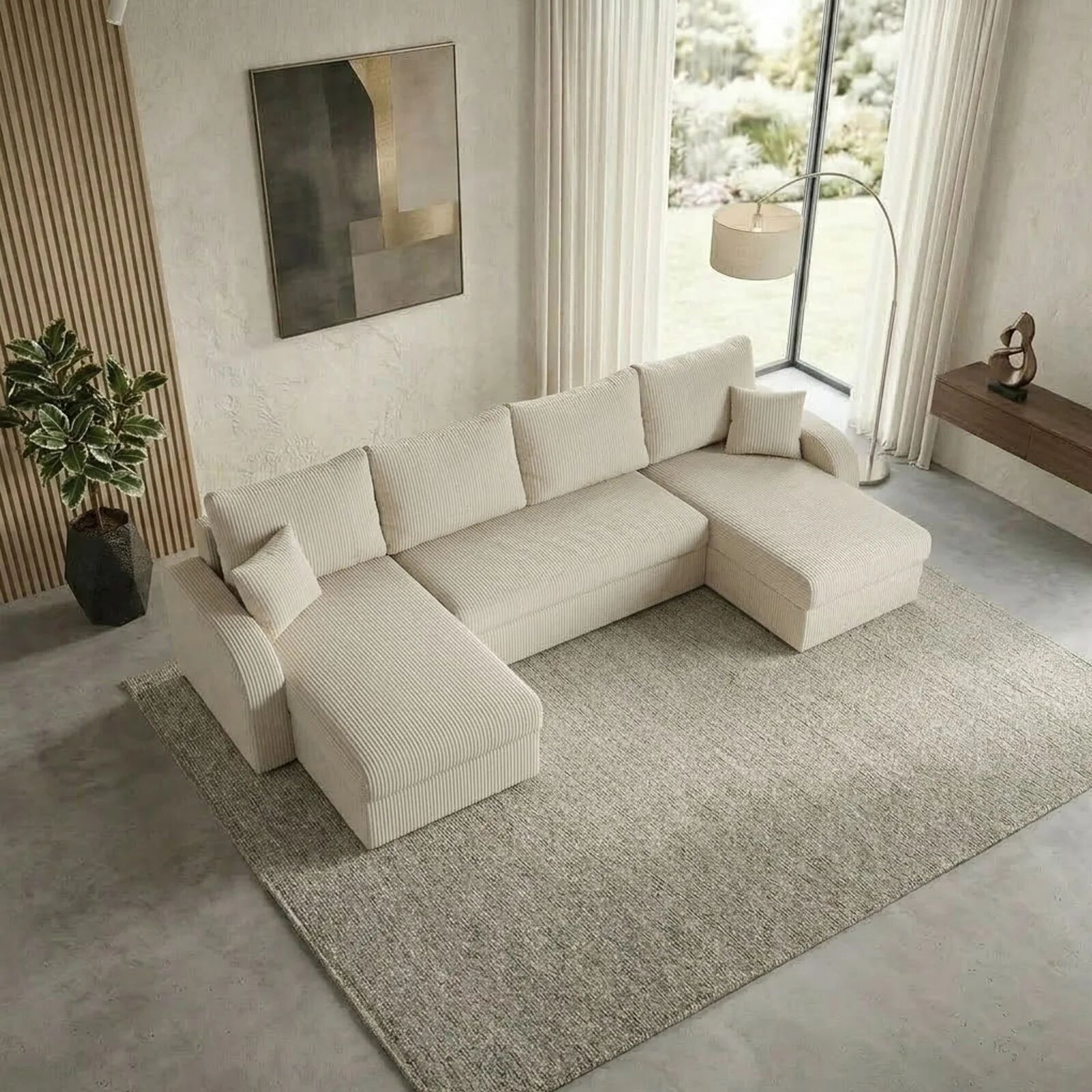 garneroarredamenti Divano letto angolare velluto a coste beige 304x140cm con contenitore Assunta