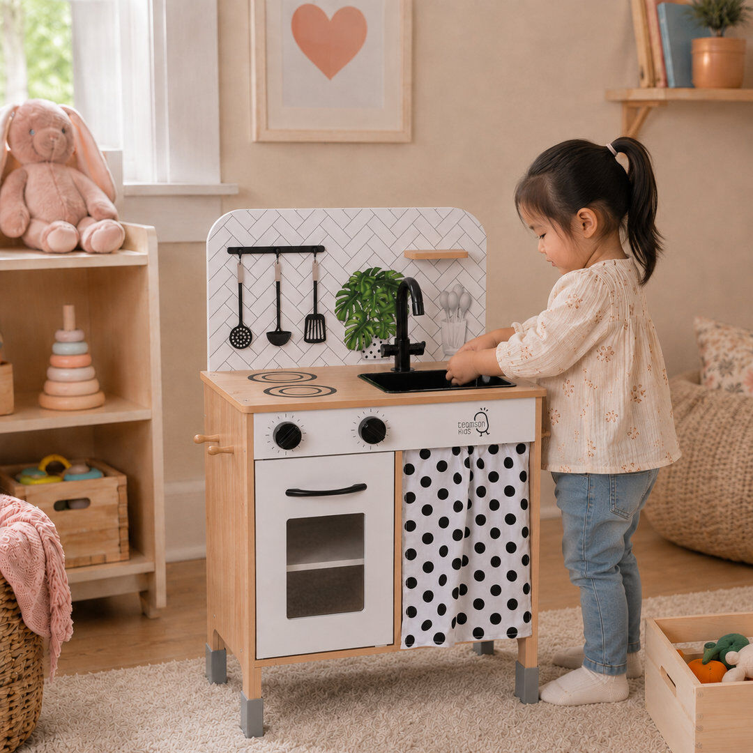 Teamson Kids Adjustable Wooden Play Kitchen with 2 Height Settings, Clicking Knobs, Tap, Cabinet, Shelf, Side Pegs, Little Chef Philly White 74.9cm H X 50.2cm W X 32.4cm D