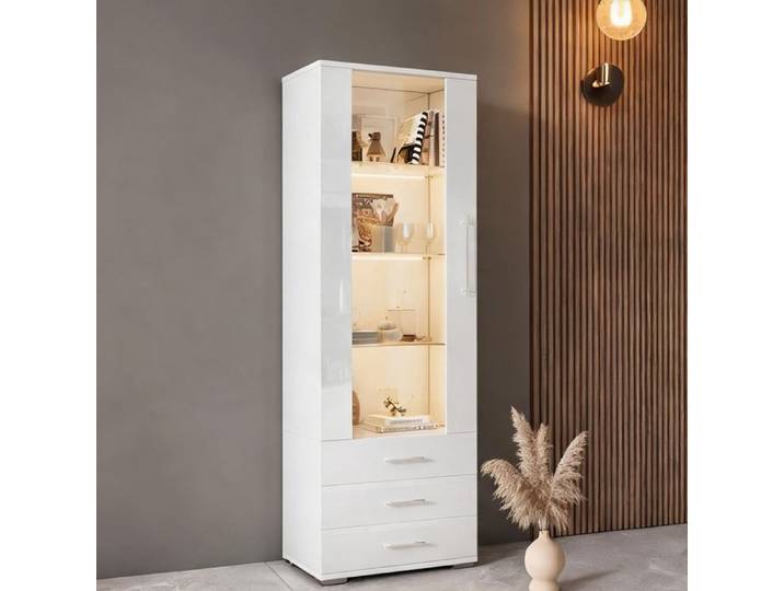 Vitrine haute blanc brillant 60x35x180 cm avec éclairage LED et 3 tiroirs