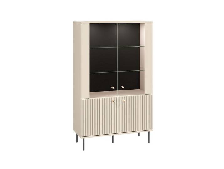 Feldmann-Wohnen Vitrine Sophie (4 Drehtüren, 2 Glaseinlegeböden, 1 Holzboden, mit Beleuchtung, 1-St., goldene Metallknopfgriffe und schwarze Metallfüße) 92x40x151cm kaschmir matt