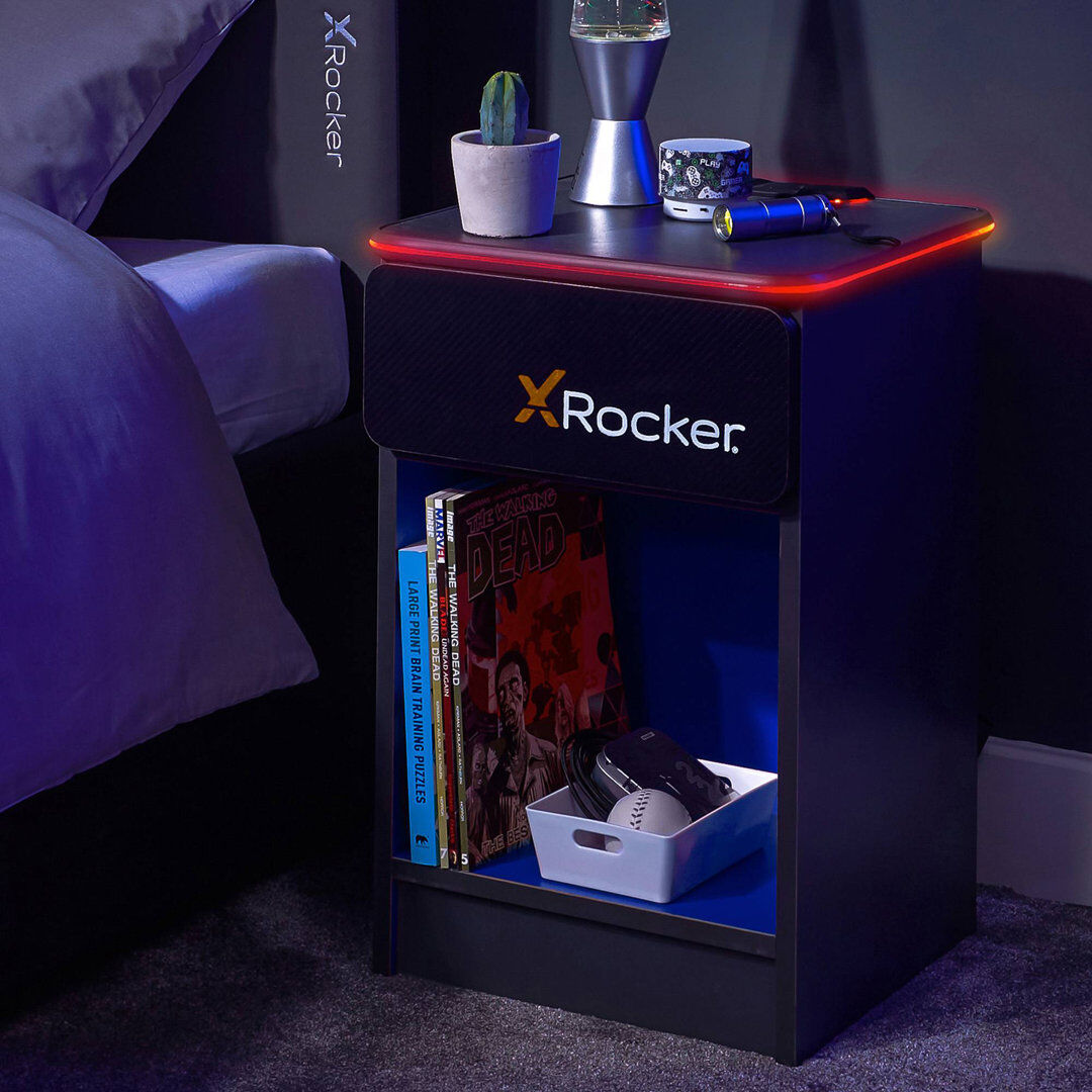 X Rocker Carbon-Tek LED Bedside Side Table with Wireless Charging and Drawer - White RGB Black 54cm H X 33cm W X 36cm D