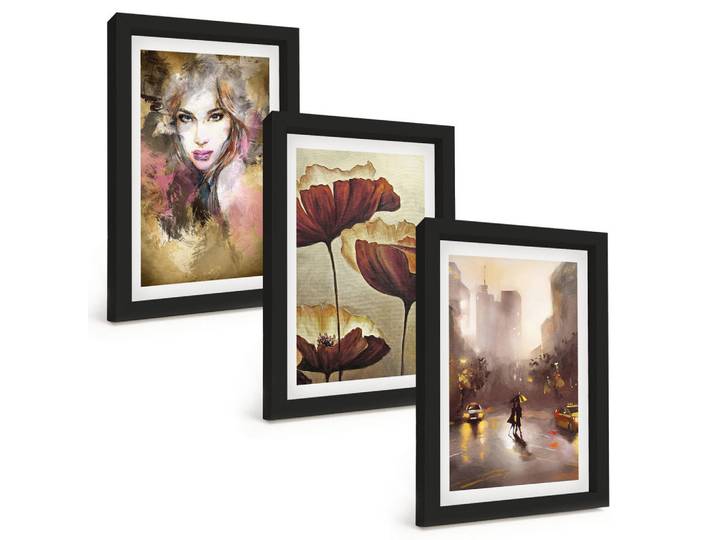 Tulup Bilder SET 3er Set - 20x30 cm Schwarzer Rahmen - Abstraktes Porträt einer Frau mit Blumen und Regen, Kunststoff, Rechteckig, 20x30 cm, Fotografie, Bilder & Rahmen, Bilder
