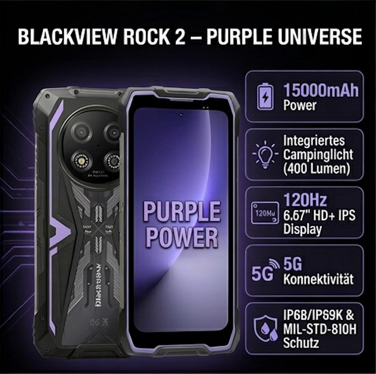 Blackview ROCK 2 Violett Outdoor Smartphone | 5G, Android 16, 12+36GB RAM, 256GB, 15000mAh, 120Hz