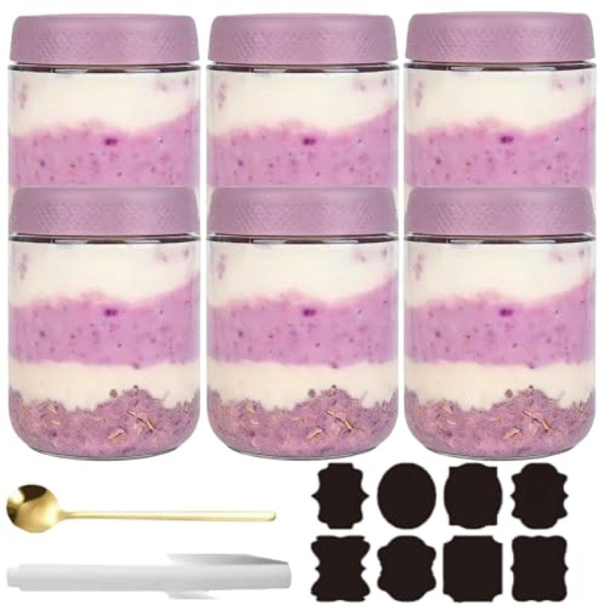 PromoHome® Set van 6 luchtdichte glazen potten met deksel, 500 ml, Lila