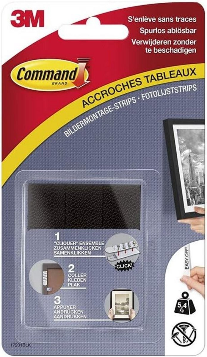 4 sets Zwarte Zelfklevende Ophangstrips (M) voor Fotolijsten tot 5.4 kg
