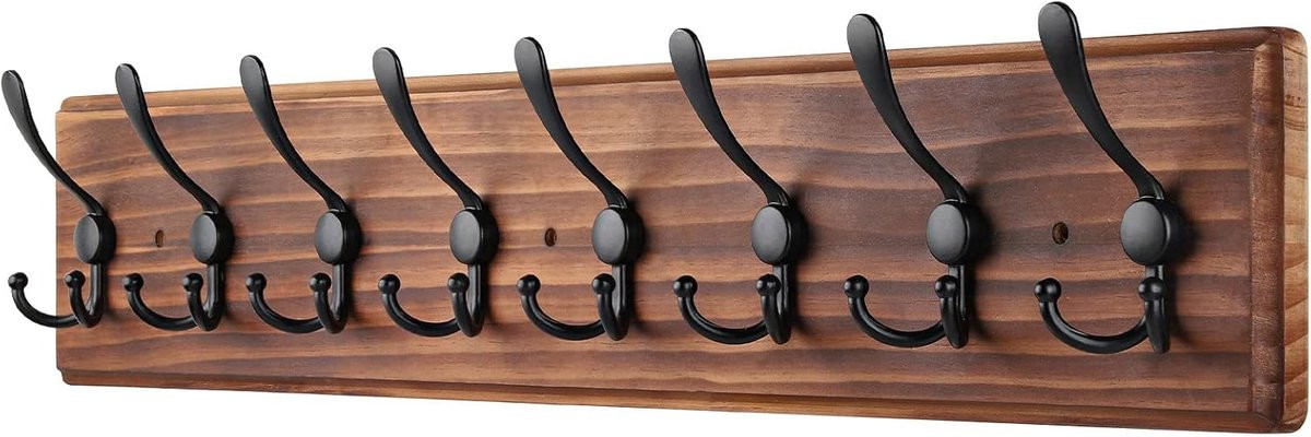 Zware Houten Wandkapstok met 8 Drievoudige Haken voor Jassen en Hoeden